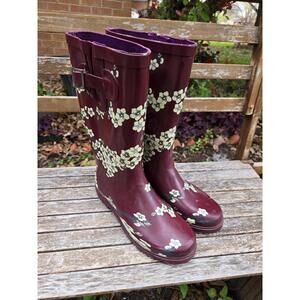 Magellan Floral Burgundy White Cherry Blossom Rubber Rain Boots  Sz 8